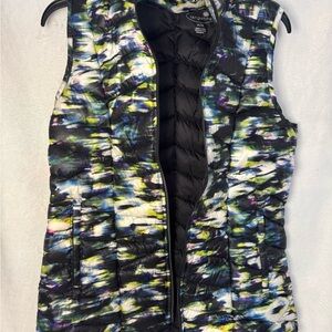 Tangerine Women’s Vest Jacket Puffer Down Zip black Tie Dye Watercolor Sz Medium